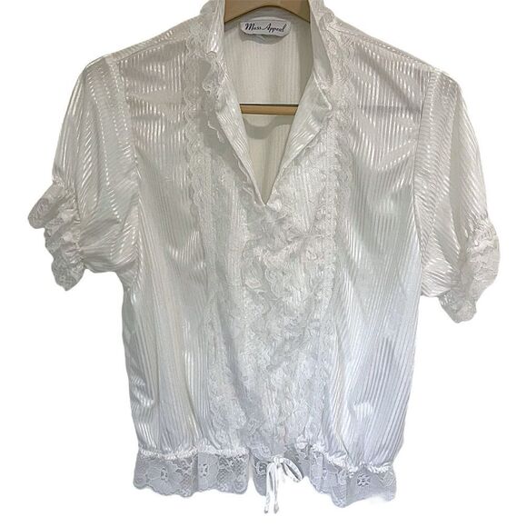 Vintage Mass Appeal Blouse Shimmer White US Large Ruffle Victorian Lace Dramatic - Picture 1 of 13